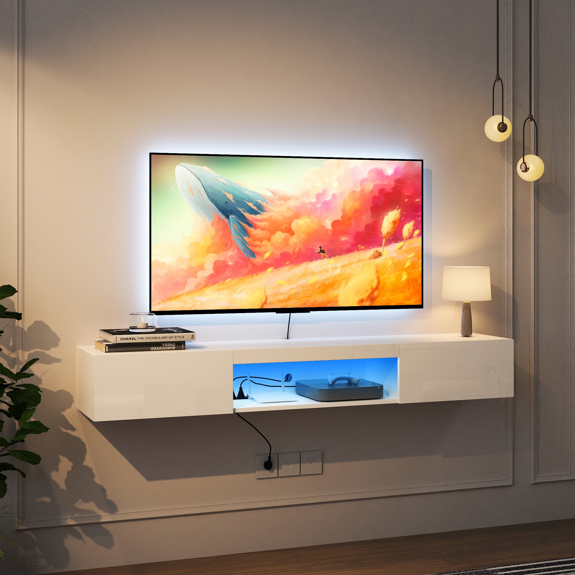 Soporte de TV Flotante Montado en la Pared con 16 Colores de LEDs, Soporte de TV Moderno, Gabinete de TV Flotante Centro de Entretenimiento para TV de 55 60 65 Pulgadas, Blanco