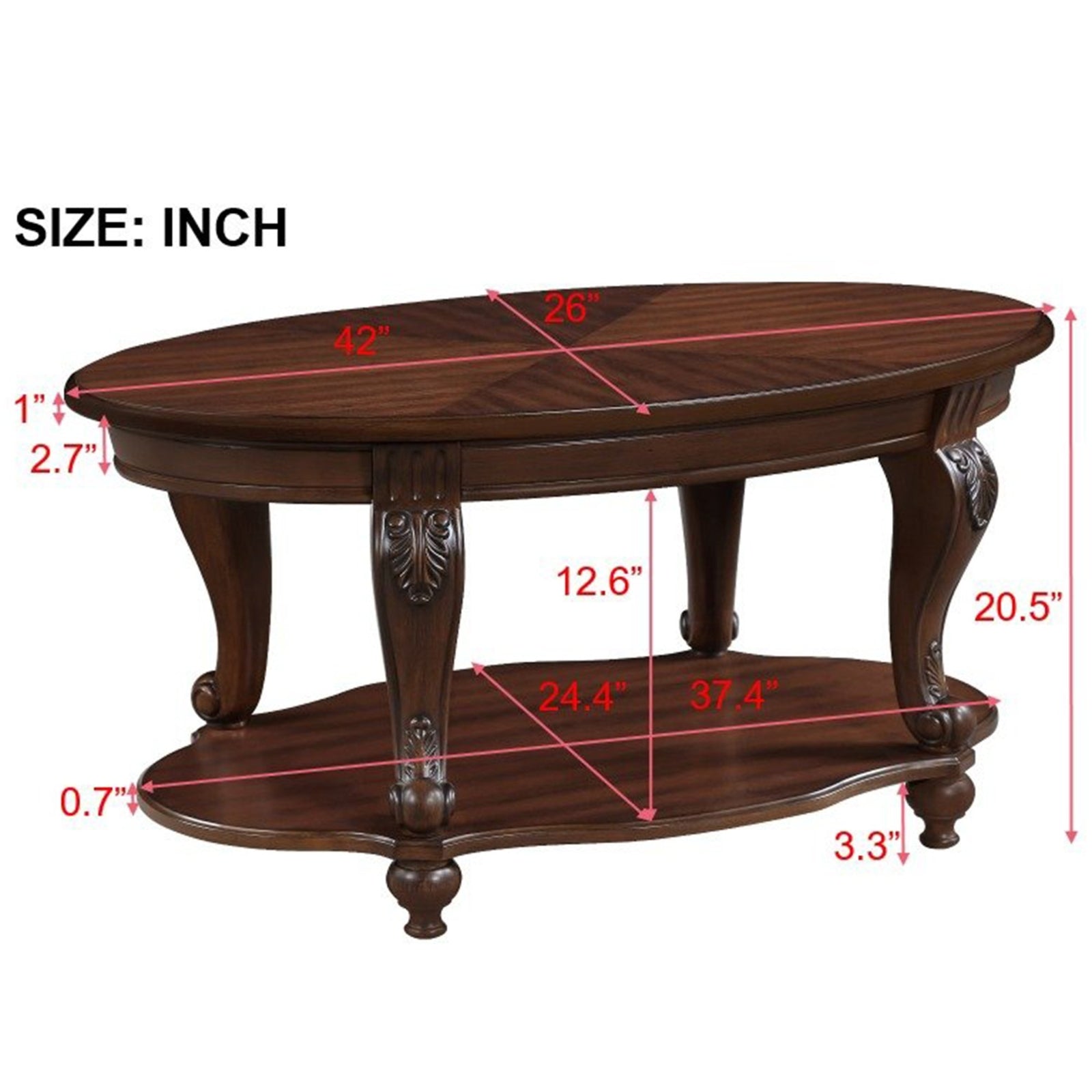 Mesa de centro de madera ovalada de 42'' para sala de estar, mesa de cóctel de madera maciza de 2 niveles con estantería de almacenamiento abierto