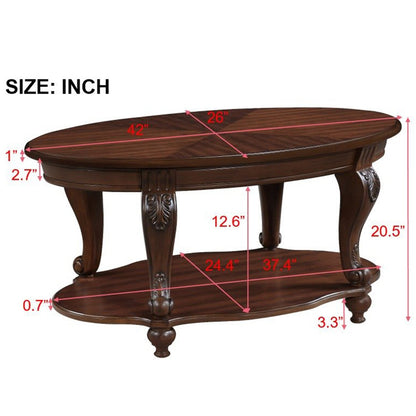 42'' Oval Wood Coffee Table For Living Room, 2-Tier Solid Wood Cocktail Table With Open Storage Shel
