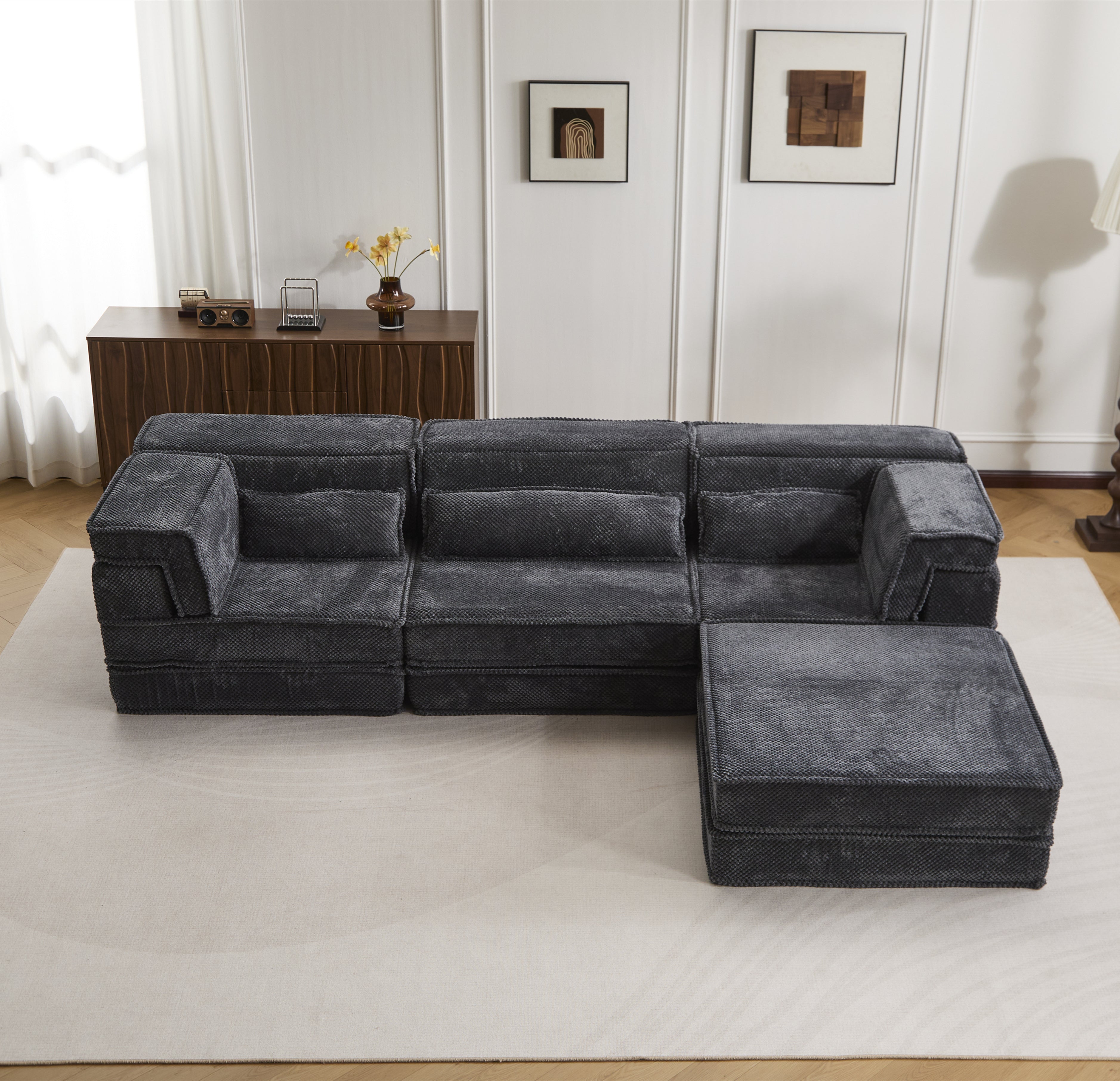 Sofá Mahjong de Compresión, Sofá Cama Convertible para el Suelo, Sofá Seccional Modular sin Huesos DIY, Sin Ensamblaje Requerido, Tela de Felpa Circular, Tres Plazas Sobredimensionado con 1 Otomana, Gris Oscuro