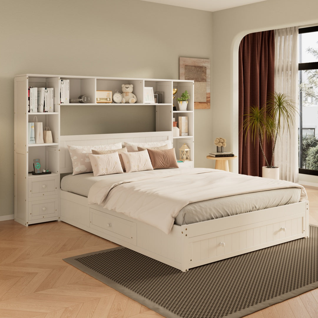 Königliche Größe Kiefernholz-Platform-Bett mit All-in-One 2 Nachttischen, Stauraum-Regal und Schrank-Bücherregal mit 2 Ladeeinrichtungen, Multifunktionales Kapitäns-Bettgestell mit 3 Schubladen, Kein Boxspring-Fundament erforderlich