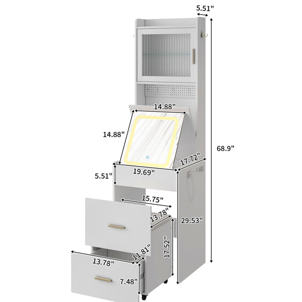 White Hemp Faced Particleboard With Triamine 2 Pull 1 Door 1 Flip LED 3 Tone Light Touch Mirror Dressing Table Set