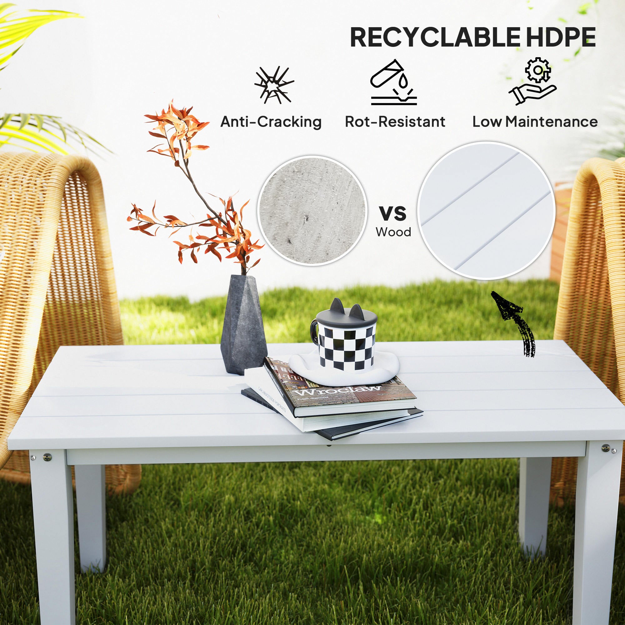 Mesa de Café Exterior Rectangular, Mesa de Patio Exterior para Todo Clima en HDPE con Superficie de Mesa con Listones para Jardín, Balcón, Blanca