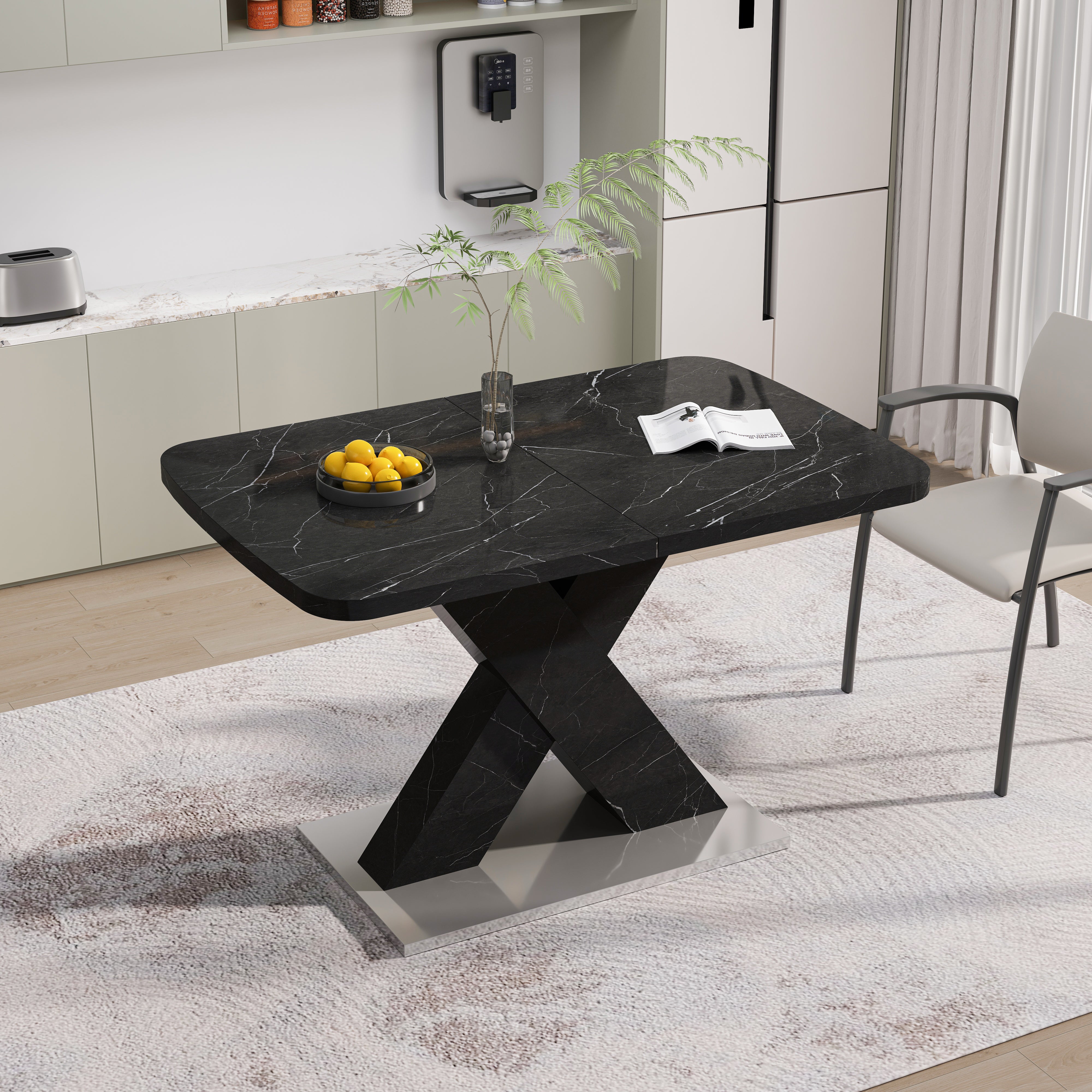 Mesa de Comedor Rectangular Moderna Extensible, Superficie de Mesa de Mármol Negro Impreso MDF con Patas en Forma de X y Base de Metal