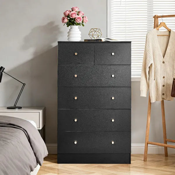 Tablero de partículas con acabado negro mate y chapa de melamina, 66*40*111 cm, gabinete con 4+2 cajones, asas de oro mate