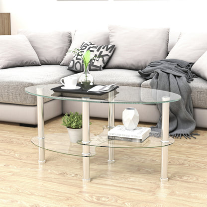 Transparent Oval Glass Coffee Table, Modern 3-Layer With Stainless Steel Leg