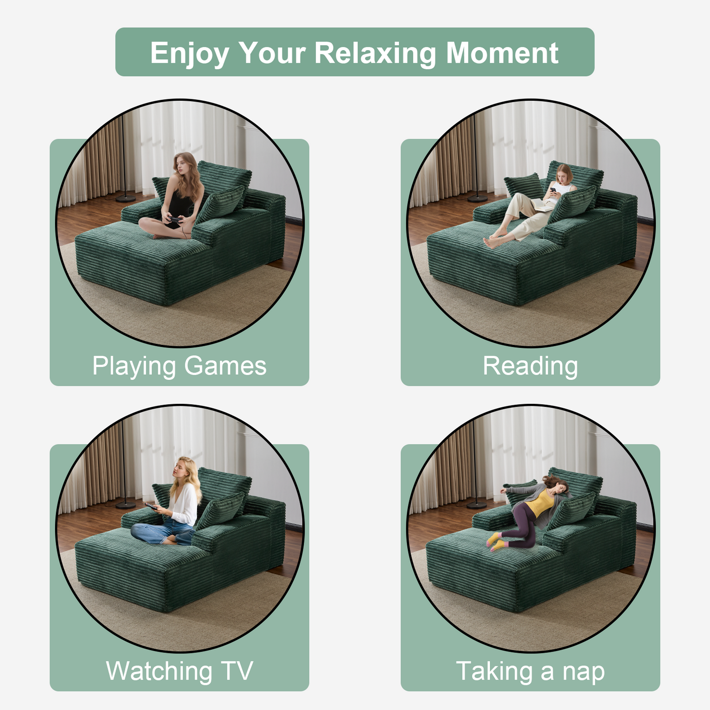 Oversized Chaise Lounge Chair Cozy Cloud Couch, Modern Plush Corduroy Upholstered Sleeper Sofa Daybed With 3 Throw Pillows And Wide Armrest For Living Room, No Assembly Required,Green