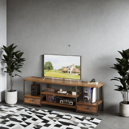 Soporte de TV con 2 Cajones de Tela, Toma Integrada - Perfecto para la Sala de Estar y el Dormitorio
