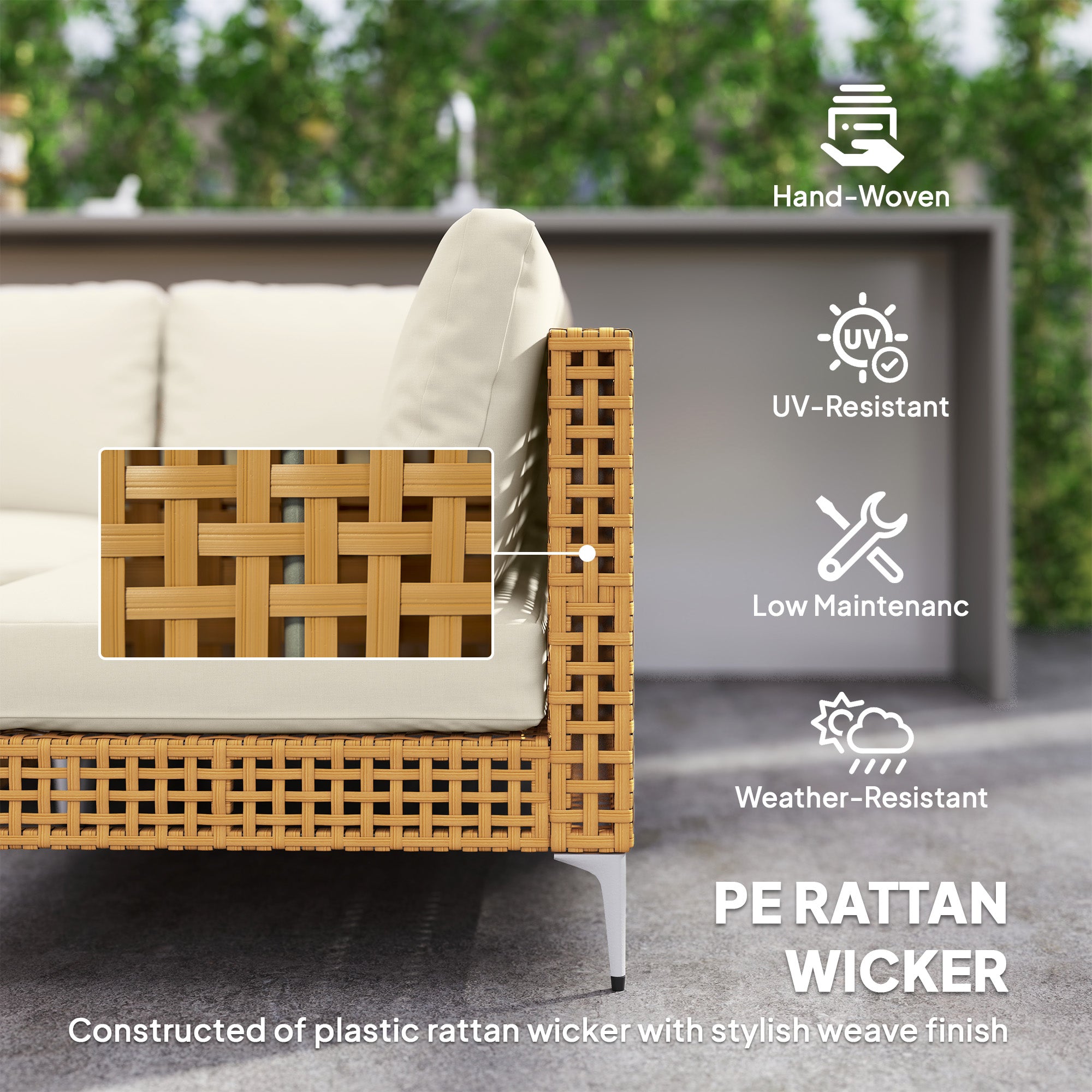 Conjunto de 7 Piezas de Muebles de Patio de Mimbre, Seccional Modular al Aire Libre con Cojines Engrosados, Mesa de Madera de Acacia, Beige Caqui