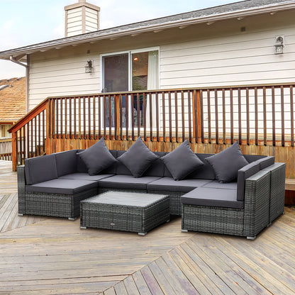 7-Piece Patio Furniture Sets PE Rattan Sectional Sofa Set Outdoor Conversation Set w/Acacia Top Coffee Table & Cushion for Garden, Backyard, Grey