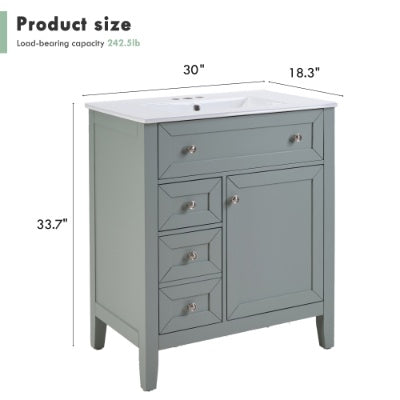 Lavabo de Baño en Madera Maciza con Fregadero de Cerámica de Montaje Inferior, 12 Guías de Cajón de Cierre Suave, Cajón Volteable, Cajón de Almacenamiento Único, Estante Ajustable, Capacidad de Carga de 70 kg, Gris