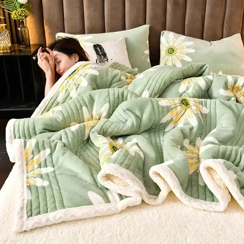 A soft mint green quilted cozy milk velvet blanket with daisy embroidery and plush fleece lining for bedroom warmth