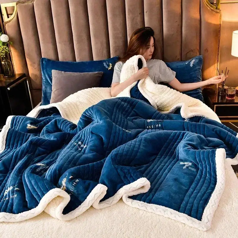 Deep blue plush quilt with white fleece border and embroidered patterns in decorbites cozy milk velvet blanket style