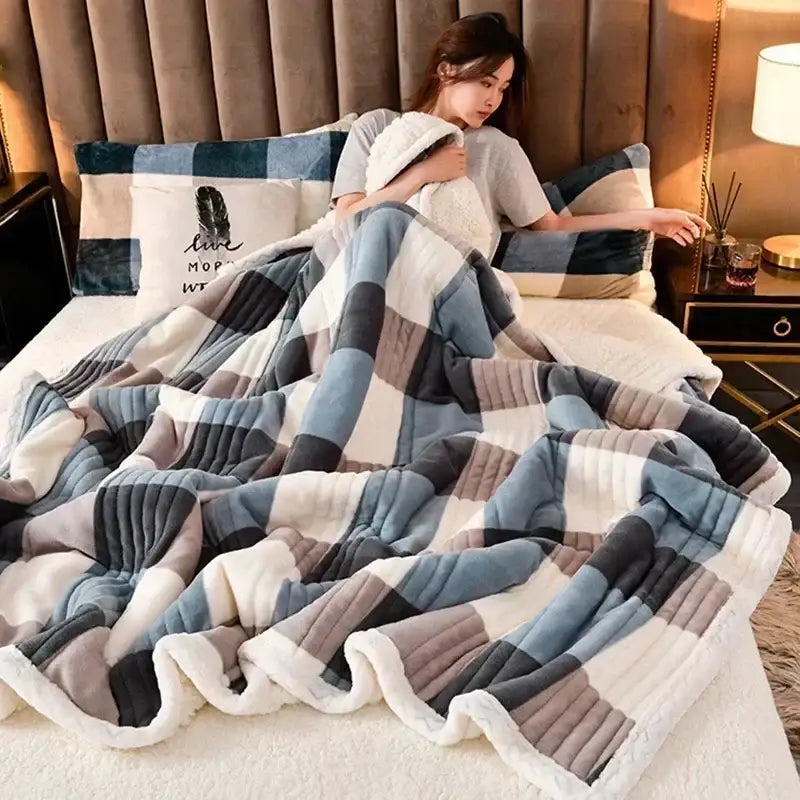 Plush cozy milk velvet blanket in mint white with a soft blue gray plaid pattern for bedroom warmth by decorbites cozy milk