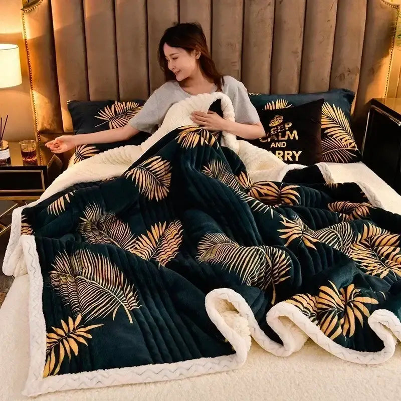 Dark green plush milk velvet blanket with gold palm leaf pattern and white fleece lining for decorbites cozy milk bedroom warmth