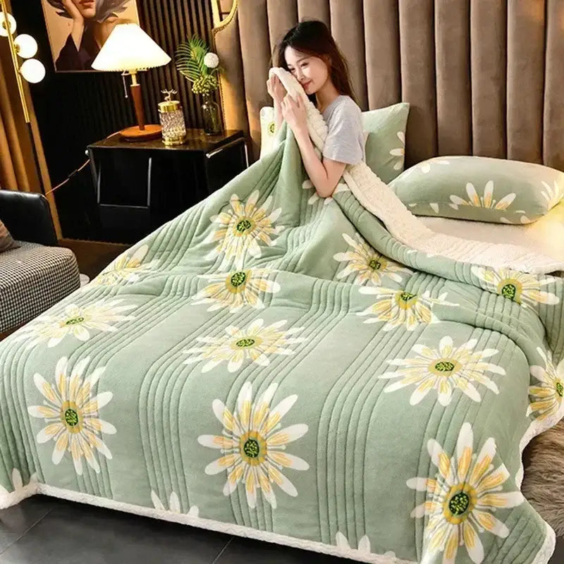 A cozy milk velvet mint green quilt with plush white and yellow daisy embroidery and ribbed stitching edges for decorbites cozy milk warmth