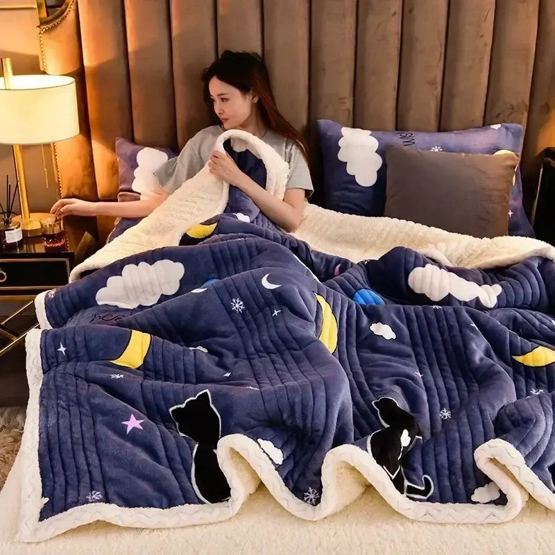 Navy blue plush milk velvet blanket with black cat silhouettes, white clouds, and yellow moons for cozy milk velvet warmth