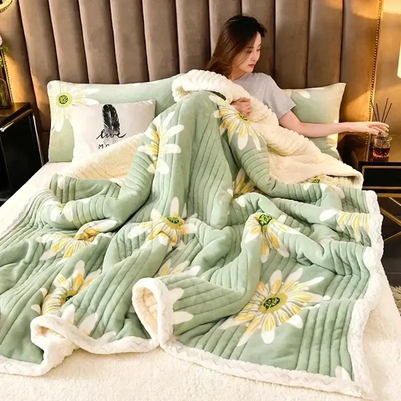 Soft mint green cozy milk velvet blanket with embroidered daisies and fluffy white border for bedroom warmth decorbites cozy milk