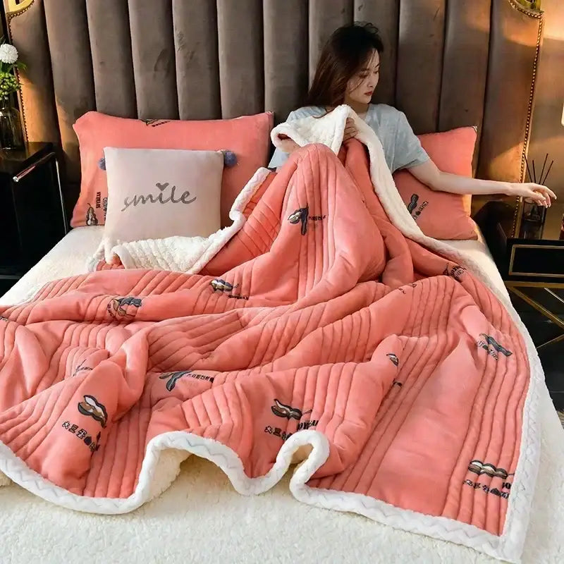 Pink plush milk velvet blanket with white fleece border and embroidered bird patterns from decorbites cozy milk collection