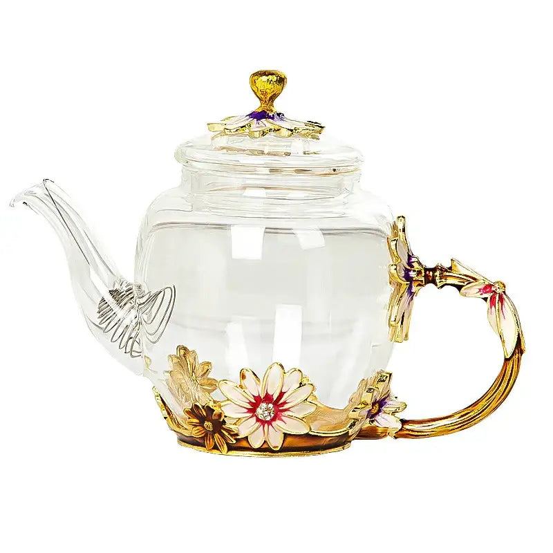 Clear glass teapot set with ornate gold enamel floral decorations and pink crystal accents for dining room use