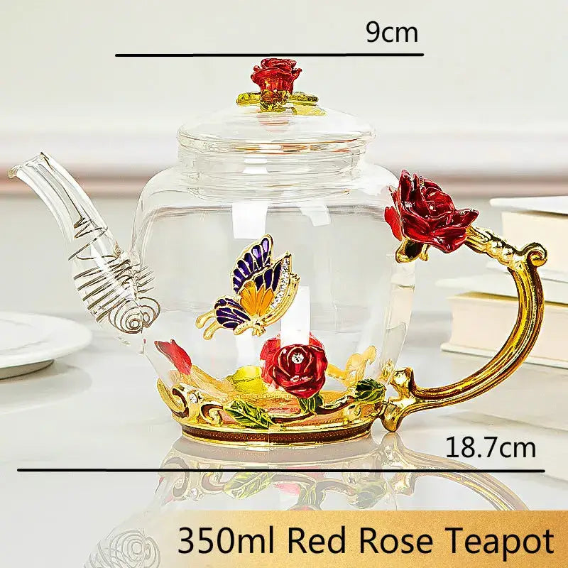 Daisy enamel pink crystal glass teapot set featuring a clear 350ml glass teapot with gold red rose and butterfly embellishments