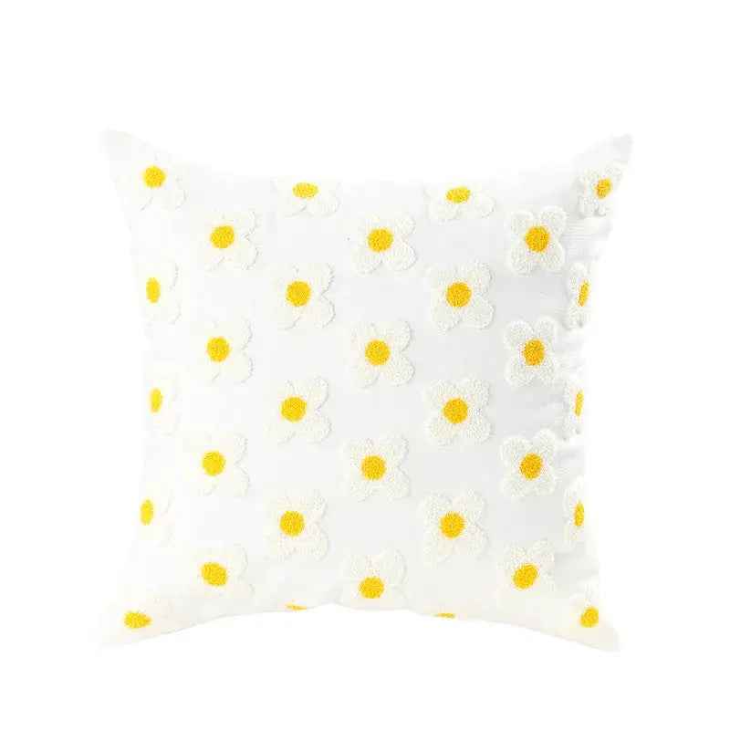White cushion cover with daisy flora embroidered yellow centered petals for decorbites daisy flora living room decor