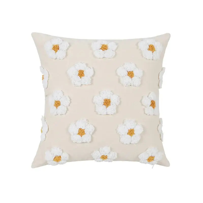Beige cushion cover with daisy flora embroidered white daisies and golden centers for living room decorbites decor