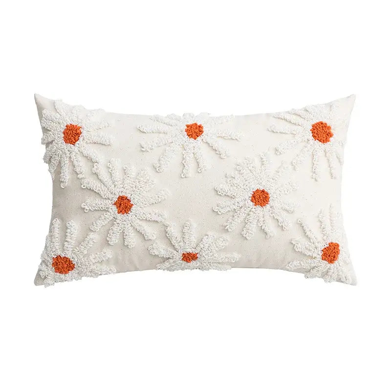 White rectangular cushion cover with textured orange and white daisy flora embroidered for living room decorbites decor