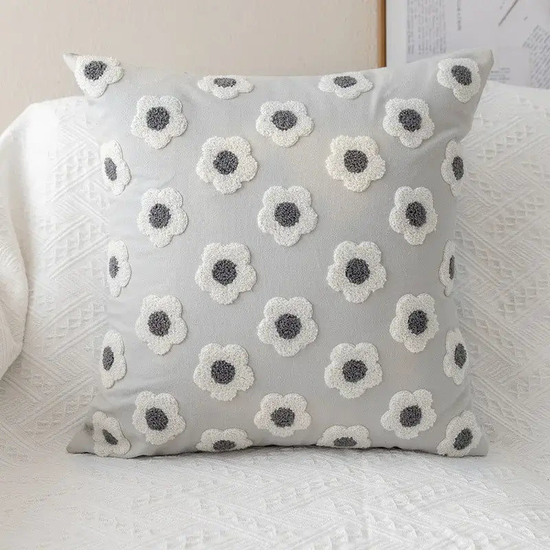 Gray cushion cover with daisy flora embroidered white and gray floral patterns for decorbites living room decor