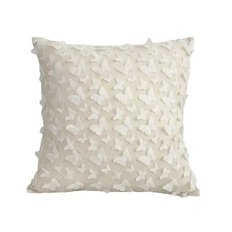 Beige cushion cover with dense 3d white butterfly appliqués for decorbites daisy flora embroidered living room decor