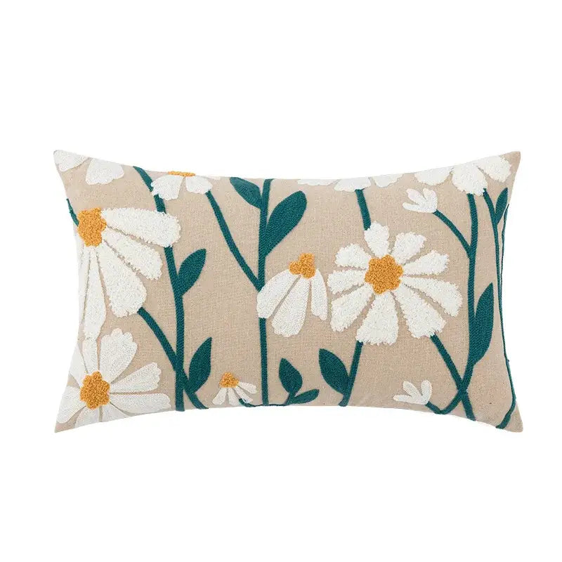 Beige rectangular pillow cover with embroidered white daisies and green stems for decorbites daisy home floral decor