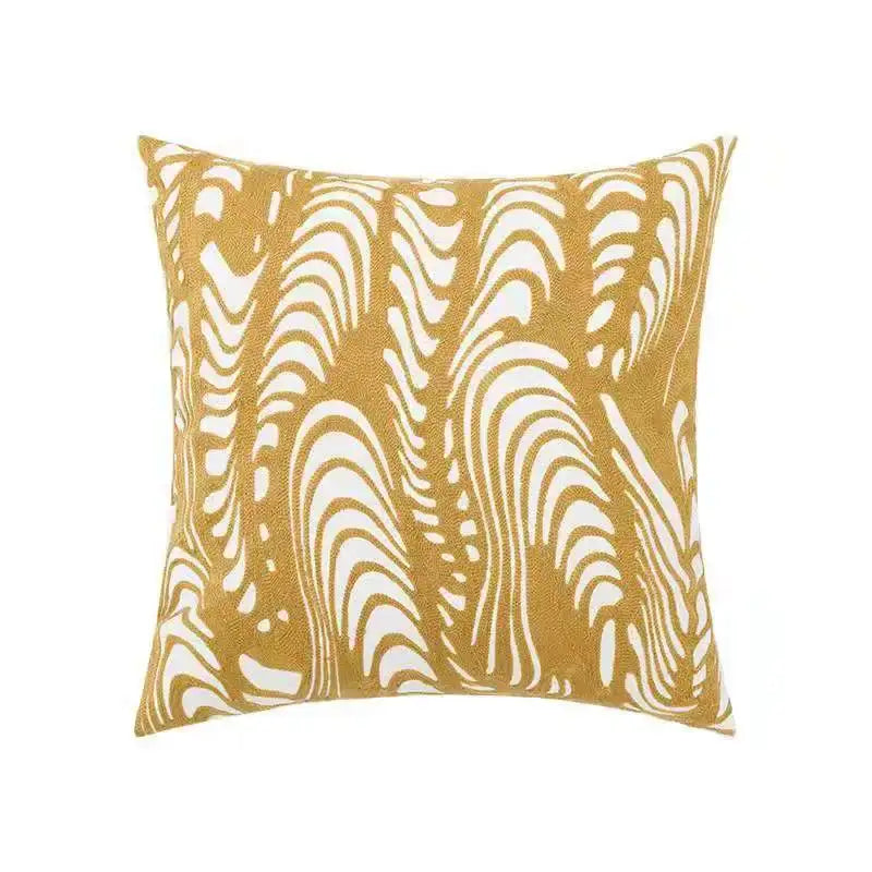 A square throw pillow cover with mustard yellow and white abstract embroidered waves for decorbites daisy home decor