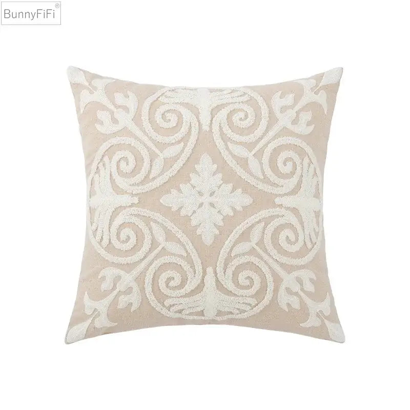 Beige square pillow cover with intricate white embroidered floral and scrollwork design for decorbites daisy home decor