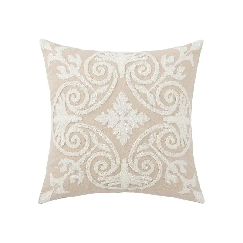 Beige square pillow cover with intricate white embroidered floral and scrollwork design for decorbites daisy home bedroom decor
