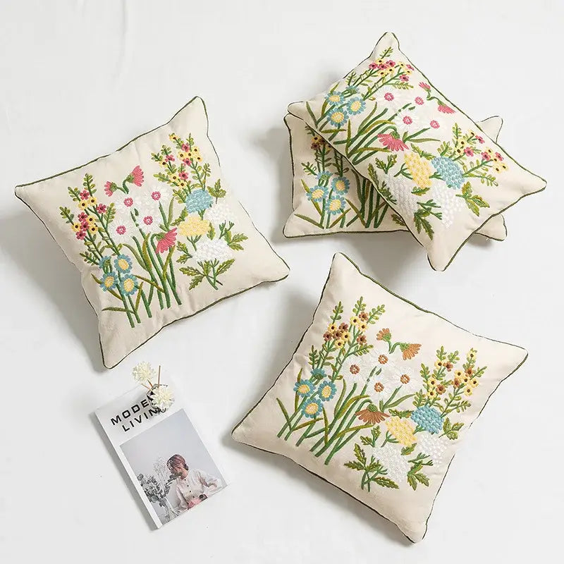 Cream beige pillow cover with intricate daisy floral embroidery in vibrant hues for decorbites bedroom decor