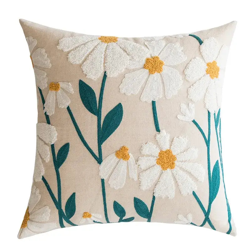 Beige daisy floral geometric embroidery pillowcase with white daisies and teal stems for living room decorbites decor