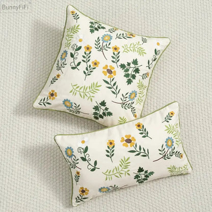 Cream-colored decorbites daisy floral cushion cover with green leaves embroidery and yellow blue blossoms for living room decor