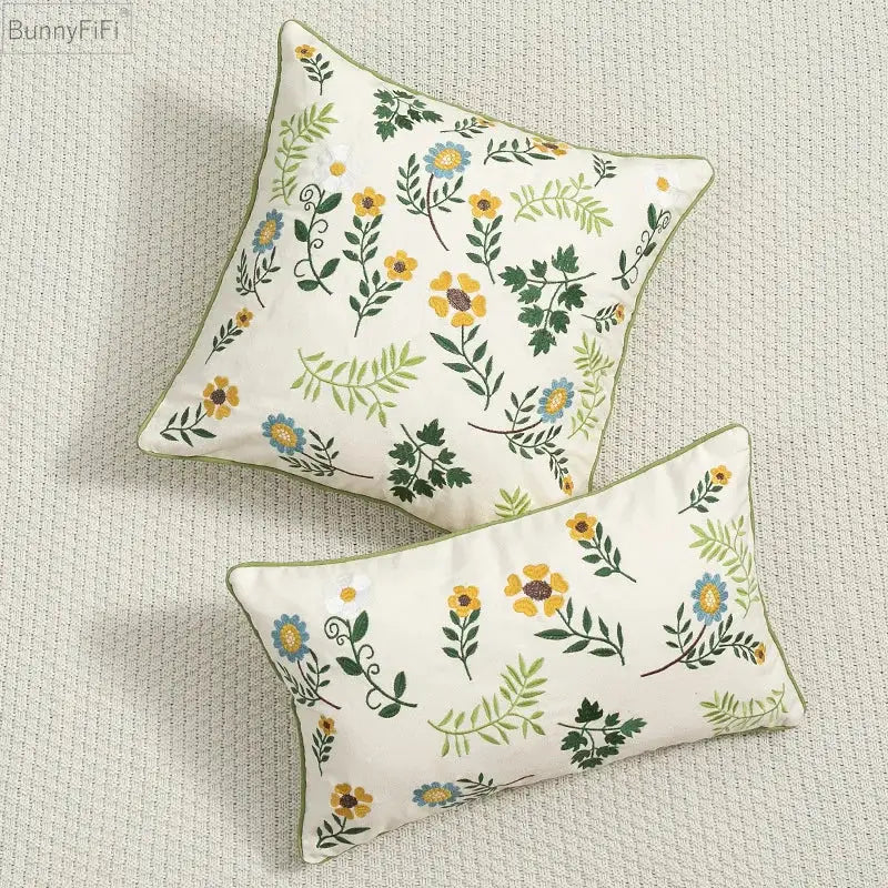 Cream-colored decorbites daisy floral cushion cover with green leaves embroidery and yellow blue blossoms for living room decor