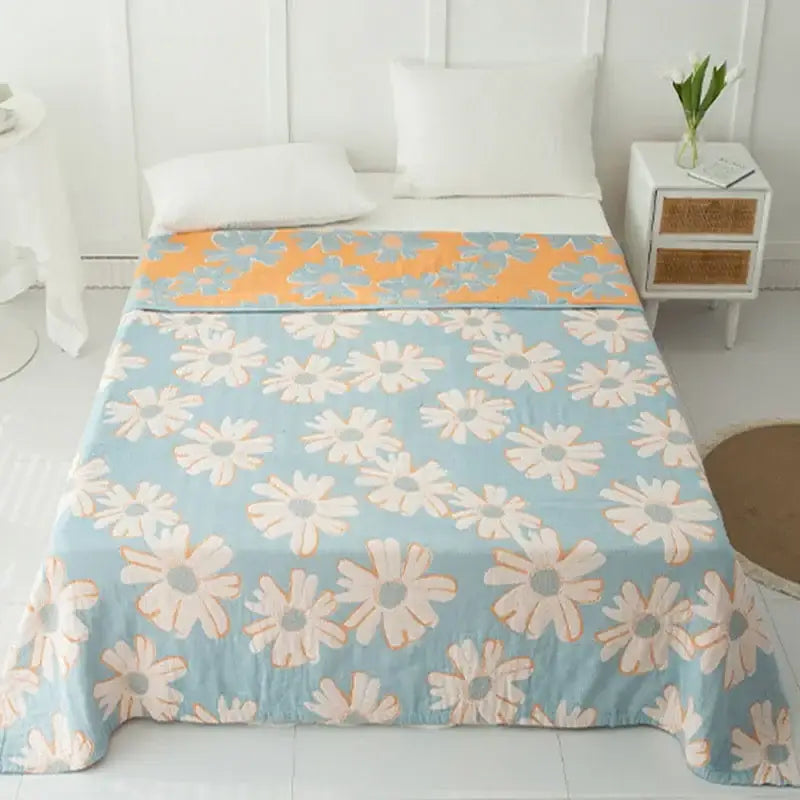 Daisy pattern light blue double cotton blanket with white daisies and orange border for bedroom bed cover