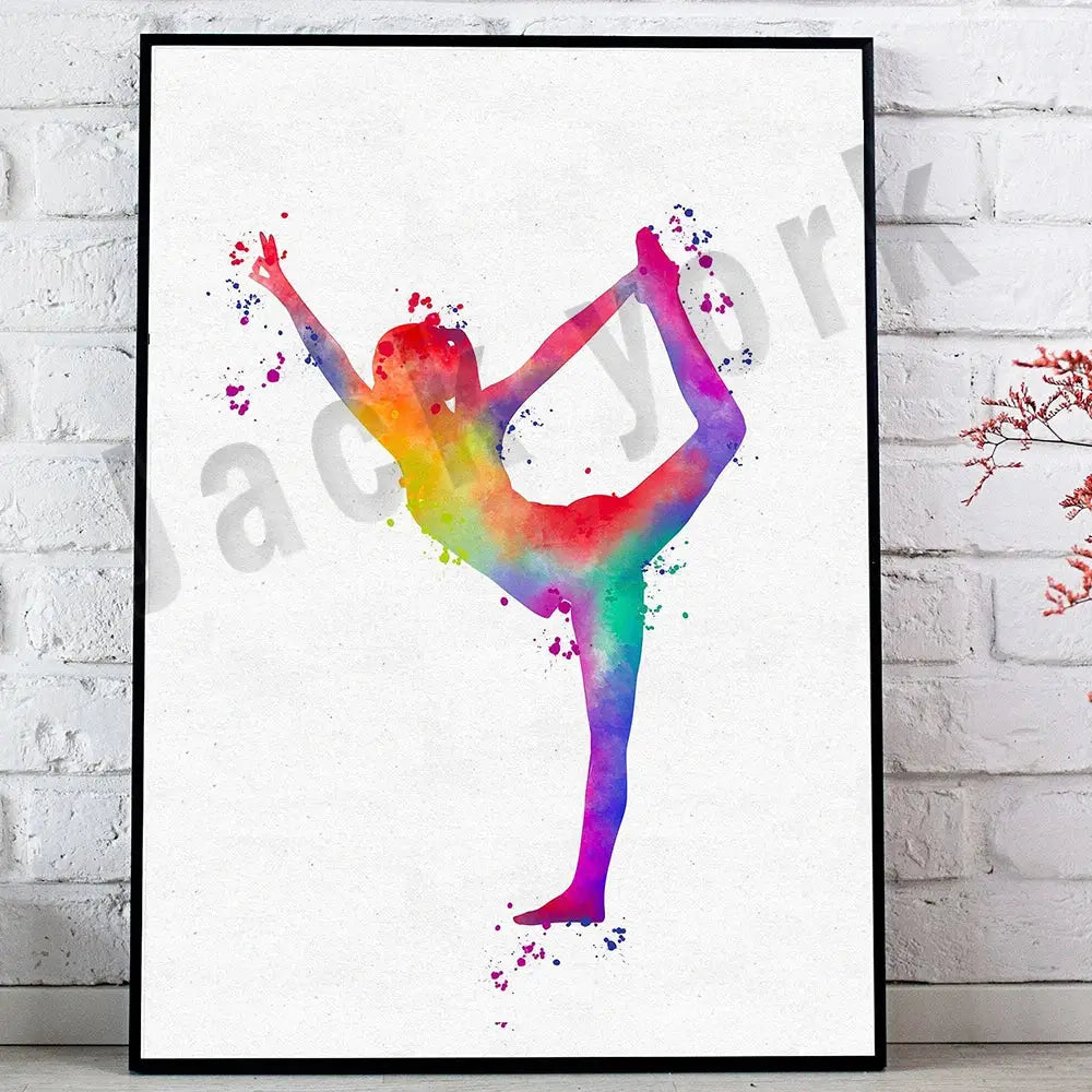 A vibrant dance king yoga print featuring a dynamic dancer in rainbow watercolor for bedroom art decorbites