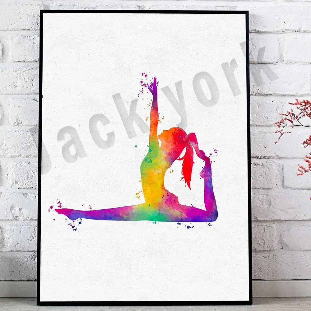 A vibrant rainbow watercolor dance king yoga print of a gymnast in split pose framed in black for bedroom art decorbites