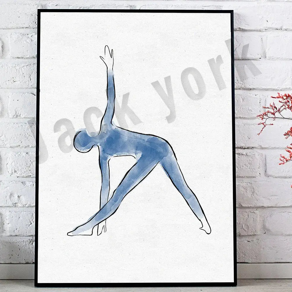 Blue watercolor illustration of a yoga pose in black frame from decorbites dance king yoga print set bedroom art