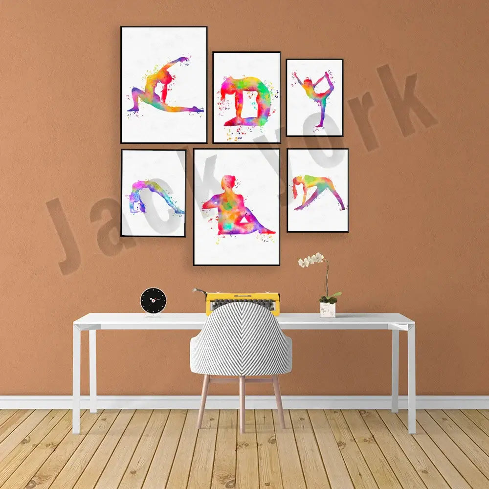 Set of six framed dance king yoga rainbow watercolor posters featuring vibrant silhouettes for bedroom decorbites decor