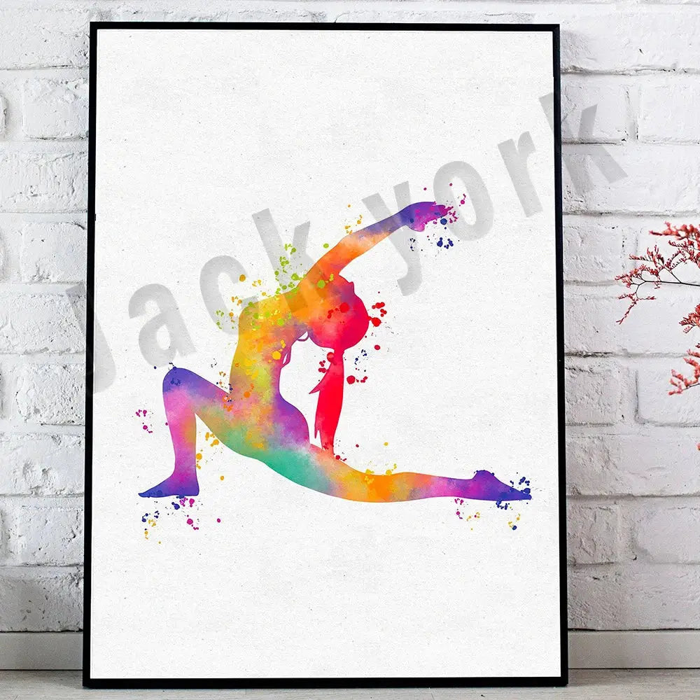 A vibrant rainbow watercolor dance king yoga print framed in sleek black for bedroom decorbites decorbites dance king