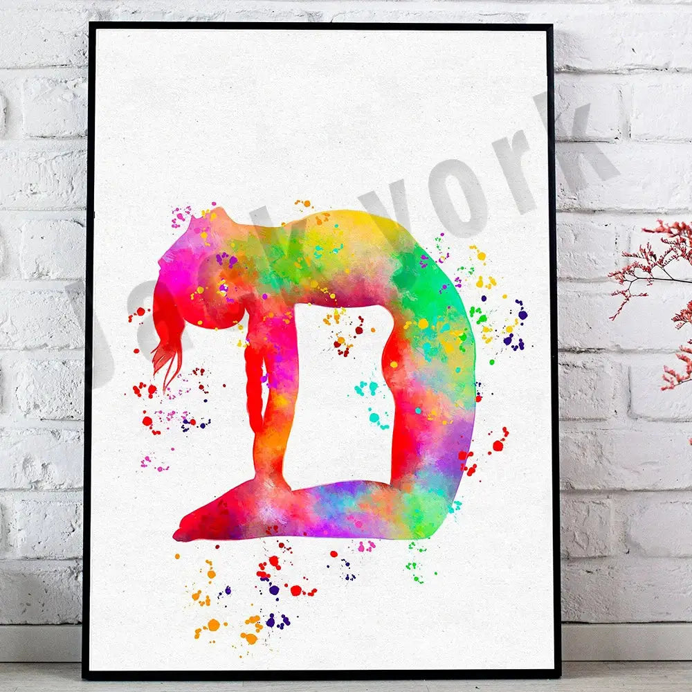 A vibrant dance king yoga print of a person silhouette with rainbow splashes in a black frame bedroom decorbites artwork