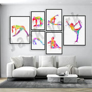 Set of six framed dance king yoga prints featuring vibrant rainbow watercolor splashes for bedroom art decorbites