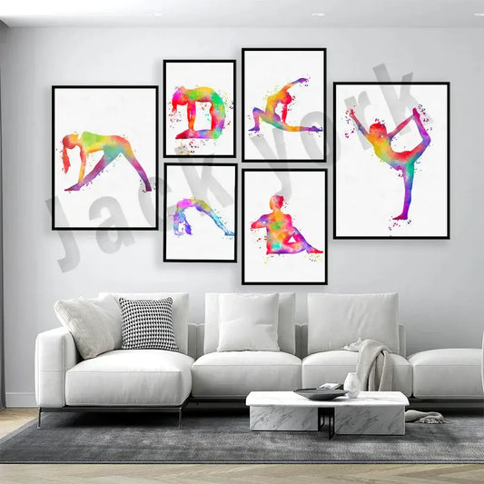Set of six framed dance king yoga prints featuring vibrant rainbow watercolor splashes for bedroom art decorbites