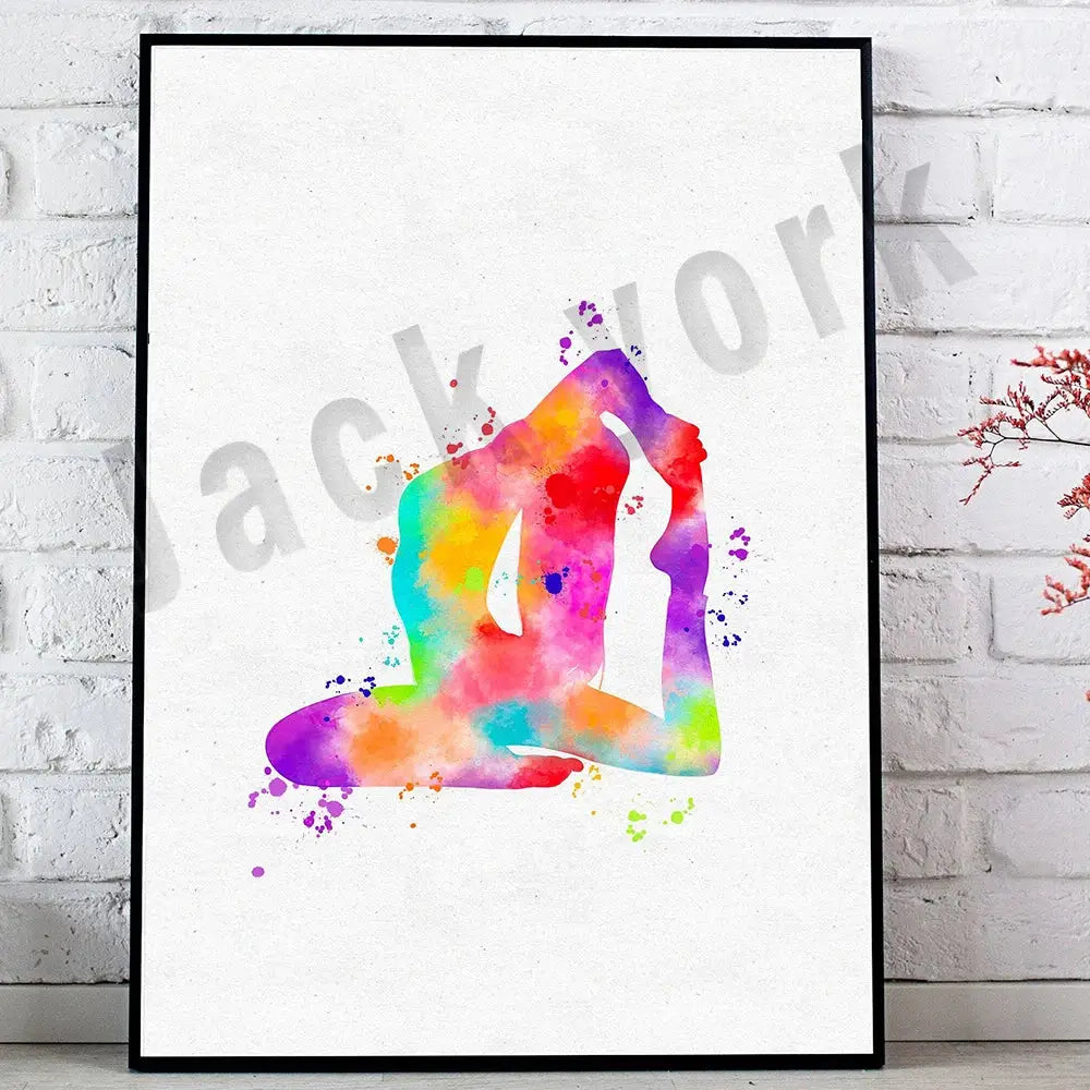 A vibrant rainbow watercolor dance king yoga print of a person in yoga pose framed in black for bedroom decorbites decor