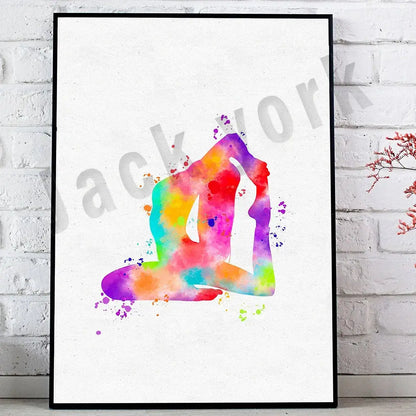 A vibrant rainbow watercolor dance king yoga print of a person in yoga pose framed in black for bedroom decorbites decor