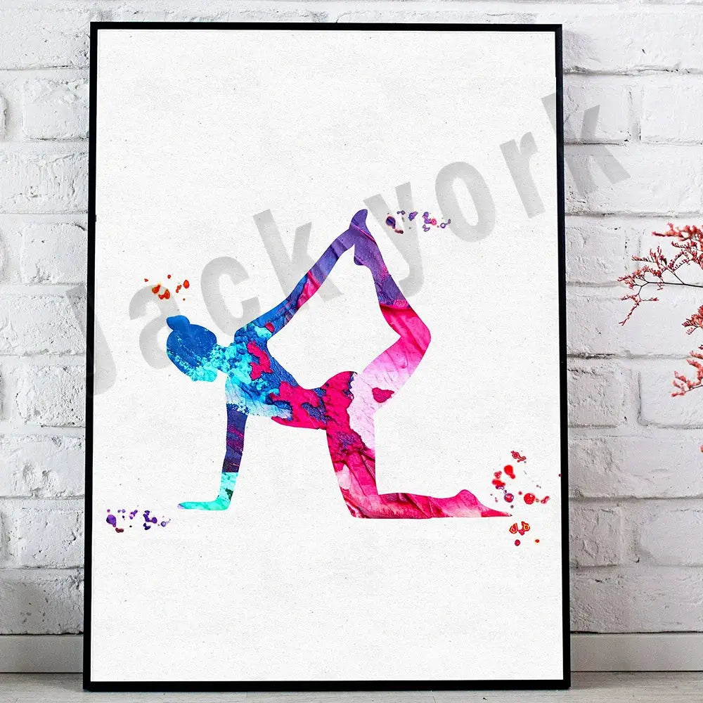 A vibrant dance king yoga print featuring a pink purple and blue watercolor pose in a sleek black frame for decorbites decorbites dance king king yoga print